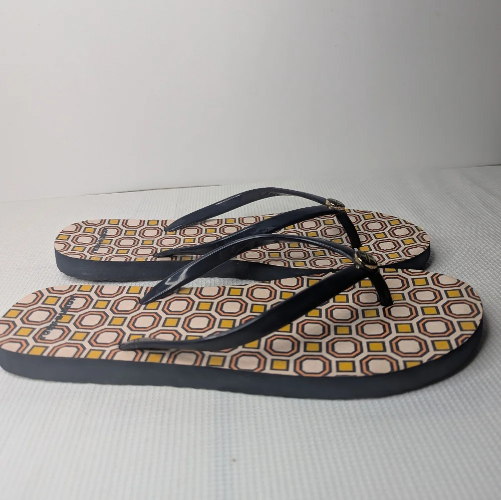 Tory Burch Geometric Multicolor Gold Logo Thong Sandals Flip Flops Women's 10